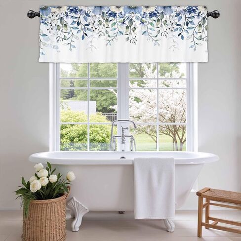 54x18Inch Blue White Botanical Floral Leaf Kitchen Curtain Spring Watercolor Flowers Rustic Farmerhouse Window Treatment Topper Valance Home Bedroom Decor Semi Sheer Drape Polyester in Saudi Arabia