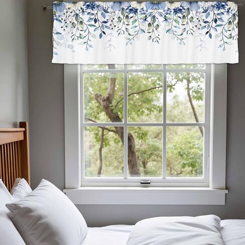 54x18Inch Blue White Botanical Floral Leaf Kitchen Curtain Spring Watercolor Flowers Rustic Farmerhouse Window Treatment Topper Valance Home Bedroom Decor Semi Sheer Drape Polyester in Saudi Arabia