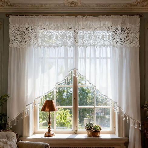 Luxury Sheer Valance Curtains for Living Room Window Valance Bead Trim Tassel Swag Curtain Macrame Rod Pocket Room Divider Kitchen Dining Room 1 Panel (W59 X L35 Inch,White) in Saudi Arabia