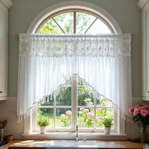 Luxury Sheer Valance Curtains for Living Room Window Valance Bead Trim Tassel Swag Curtain Macrame Rod Pocket Room Divider Kitchen Dining Room 1 Panel (W59 X L35 Inch,White) in Saudi Arabia