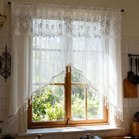Luxury Sheer Valance Curtains for Living Room Window Valance Bead Trim Tassel Swag Curtain Macrame Rod Pocket Room Divider Kitchen Dining Room 1 Panel (W59 X L35 Inch,White) in Saudi Arabia