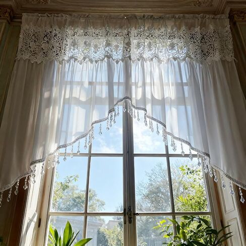 Luxury Sheer Valance Curtains for Living Room Window Valance Bead Trim Tassel Swag Curtain Macrame Rod Pocket Room Divider Kitchen Dining Room 1 Panel (W59 X L35 Inch,White) in Saudi Arabia