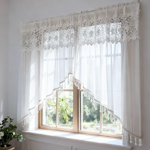 Luxury Sheer Valance Curtains for Living Room Window Valance Bead Trim Tassel Swag Curtain Macrame Rod Pocket Room Divider Kitchen Dining Room 1 Panel (W59 X L35 Inch,White) in Saudi Arabia