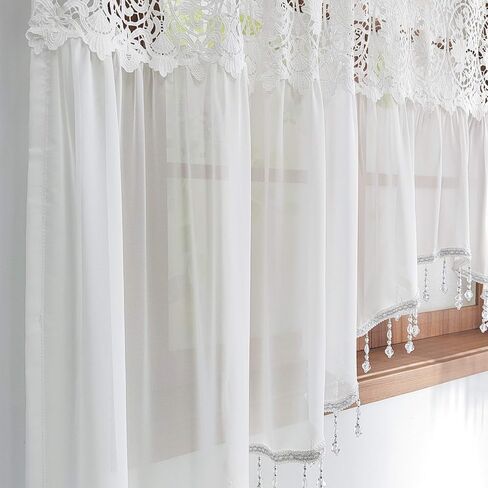 Luxury Sheer Valance Curtains for Living Room Window Valance Bead Trim Tassel Swag Curtain Macrame Rod Pocket Room Divider Kitchen Dining Room 1 Panel (W59 X L35 Inch,White) in Saudi Arabia