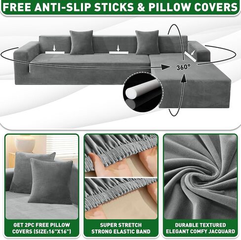 ZNSAYOTX 2026 Soft Velvet Sectional Couch Covers, Luxury Plush Slipcovers with Elastic Bottom for L Shape Sectional Sofa, 2 Pcs Pet Friendly Protector (3 Seat Couch + 3 Seat Chaise, Grey) in Saudi Arabia