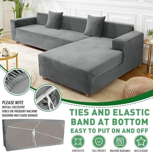 ZNSAYOTX 2026 Soft Velvet Sectional Couch Covers, Luxury Plush Slipcovers with Elastic Bottom for L Shape Sectional Sofa, 2 Pcs Pet Friendly Protector (3 Seat Couch + 3 Seat Chaise, Grey) in Saudi Arabia