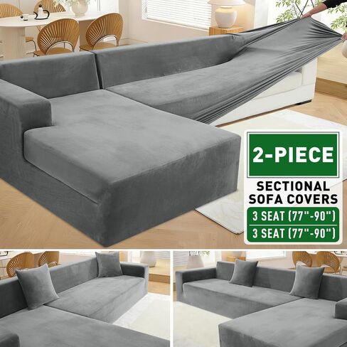 ZNSAYOTX 2026 Soft Velvet Sectional Couch Covers, Luxury Plush Slipcovers with Elastic Bottom for L Shape Sectional Sofa, 2 Pcs Pet Friendly Protector (3 Seat Couch + 3 Seat Chaise, Grey) in Saudi Arabia