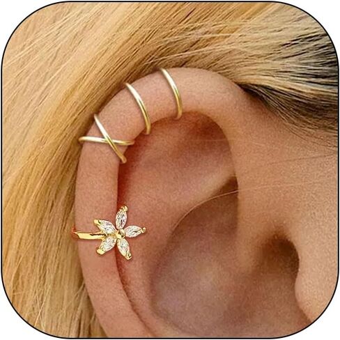Flower Ear Cuff Set for Women Non Piercing Cartilage Earrings Clip On Wrap Cuffs Stackable Jewelry Gifts in Kuwait