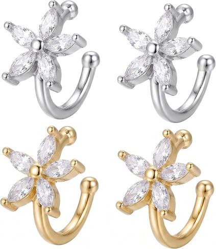 4 Pcs Ear Cuffs Non Piercing Set, Gold and Silver Tone Flower Cartilage Cuff, Dainty Cuff Earrings for Women with Cubic Zirconia, Fake Ear Piercing Jewelry Gifts in Saudi Arabia