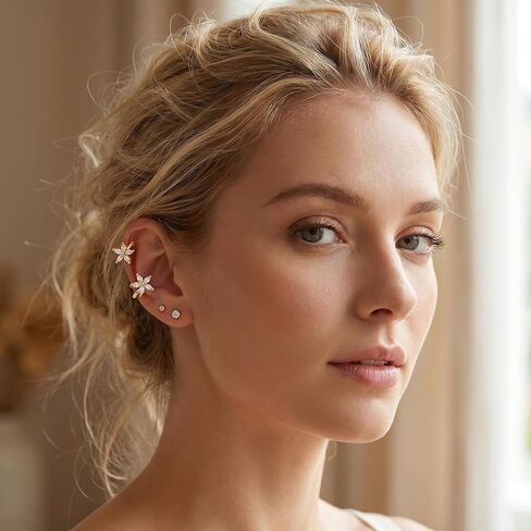 4 Pcs Ear Cuffs Non Piercing Set, Gold and Silver Tone Flower Cartilage Cuff, Dainty Cuff Earrings for Women with Cubic Zirconia, Fake Ear Piercing Jewelry Gifts in Saudi Arabia