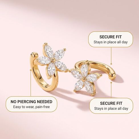4 Pcs Ear Cuffs Non Piercing Set, Gold and Silver Tone Flower Cartilage Cuff, Dainty Cuff Earrings for Women with Cubic Zirconia, Fake Ear Piercing Jewelry Gifts in Saudi Arabia
