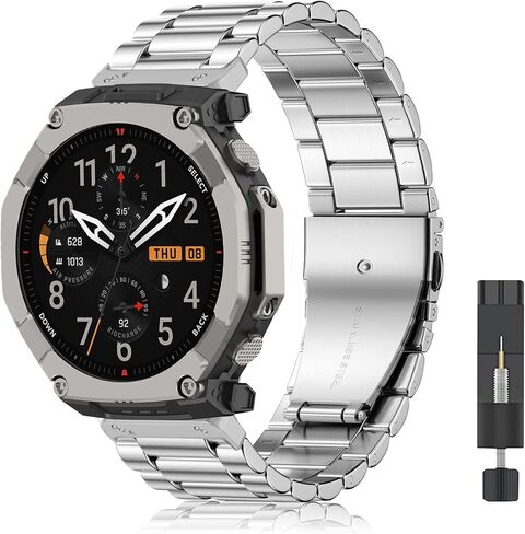 22 مم فرقة الساعات المعدنية لـ Amazfit T-Rex 3 Band شريط استبدال الفولاذ المقاوم للصدأ المصقول بشكل جميل لـ Amazfit T-Rex 3-Black in Kuwait