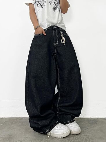 DFGIGT Men's Baggy Wide Leg Unique Graphic Design Jeans Y2k Hip Hop Street Pants Loose Fit Long Trousers in Kuwait