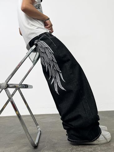 DFGIGT Men's Baggy Wide Leg Unique Graphic Design Jeans Y2k Hip Hop Street Pants Loose Fit Long Trousers in Kuwait