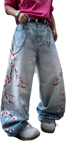 DFGIGT Men's Baggy Wide Leg Unique Graphic Design Jeans Y2k Hip Hop Street Pants Loose Fit Long Trousers in Kuwait