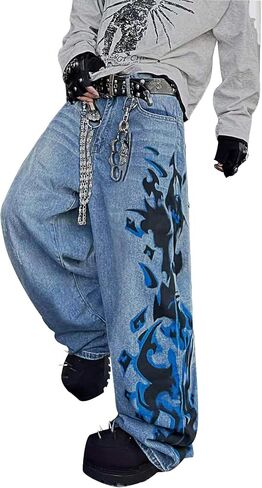 DFGIGT Men's Baggy Wide Leg Unique Graphic Design Jeans Y2k Hip Hop Street Pants Loose Fit Long Trousers in Kuwait