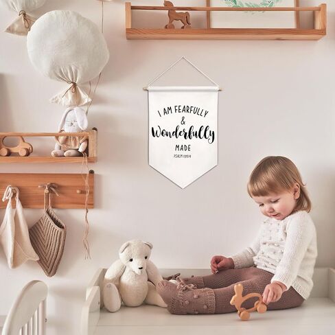 Kids Room Canvas Banner Wall Decor, Christian Nursery Decor, I am Fearfully and Wonderfully Made Religious Hanging Pennant Flag Banner for Girls Boys Bedroom Playroom Nursery in Saudi Arabia