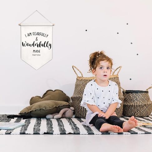 Kids Room Canvas Banner Wall Decor, Christian Nursery Decor, I am Fearfully and Wonderfully Made Religious Hanging Pennant Flag Banner for Girls Boys Bedroom Playroom Nursery in Saudi Arabia