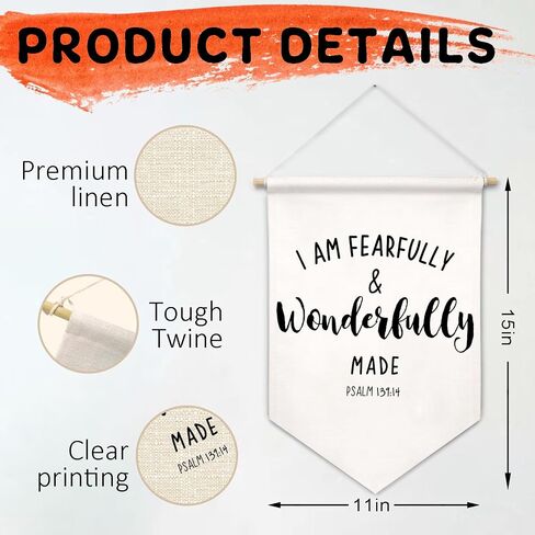 Kids Room Canvas Banner Wall Decor, Christian Nursery Decor, I am Fearfully and Wonderfully Made Religious Hanging Pennant Flag Banner for Girls Boys Bedroom Playroom Nursery in Saudi Arabia