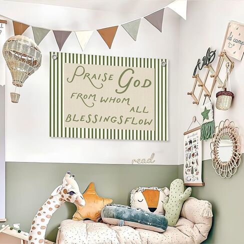 Christian Nursery Decor, Bible Verse Praise God from Whom All Blessings Flow Canvas Banner, Retro Green Scripture Wall Hanging Banner for Kids Room Bedroom Church Decor, 20x30 Inch in Saudi Arabia