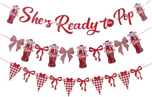 She’s Ready to Pop Banner, Retro Soda Pop Baby Shower Decoration, Ready to Pop Red Coquette Party Garland Kit with Bows & Checkered Flags for Gender Reveal Party Supplies in Saudi Arabia