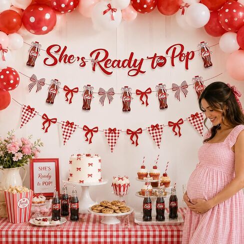 She’s Ready to Pop Banner, Retro Soda Pop Baby Shower Decoration, Ready to Pop Red Coquette Party Garland Kit with Bows & Checkered Flags for Gender Reveal Party Supplies in Saudi Arabia