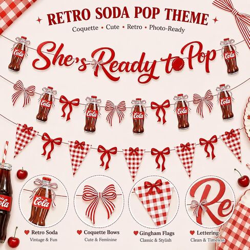 She’s Ready to Pop Banner, Retro Soda Pop Baby Shower Decoration, Ready to Pop Red Coquette Party Garland Kit with Bows & Checkered Flags for Gender Reveal Party Supplies in Saudi Arabia