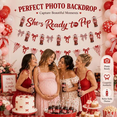 She’s Ready to Pop Banner, Retro Soda Pop Baby Shower Decoration, Ready to Pop Red Coquette Party Garland Kit with Bows & Checkered Flags for Gender Reveal Party Supplies in Saudi Arabia