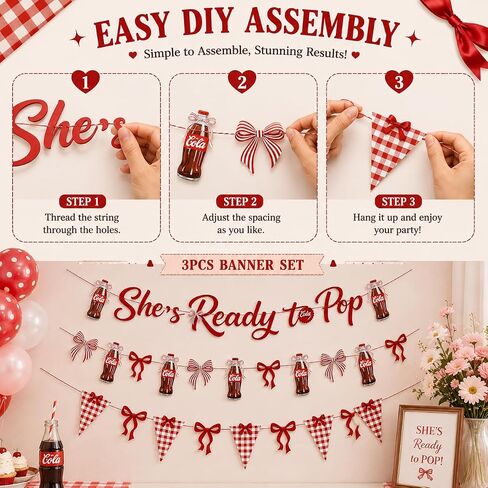 She’s Ready to Pop Banner, Retro Soda Pop Baby Shower Decoration, Ready to Pop Red Coquette Party Garland Kit with Bows & Checkered Flags for Gender Reveal Party Supplies in Saudi Arabia