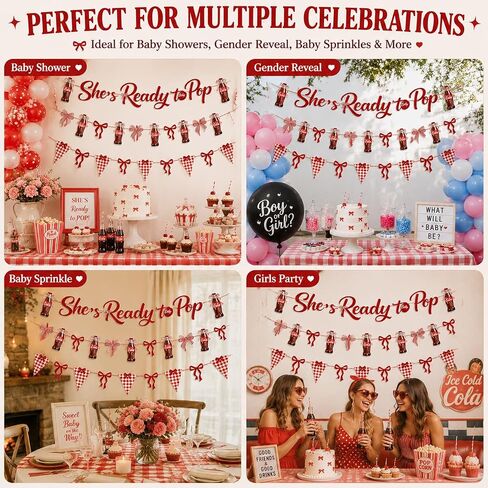 She’s Ready to Pop Banner, Retro Soda Pop Baby Shower Decoration, Ready to Pop Red Coquette Party Garland Kit with Bows & Checkered Flags for Gender Reveal Party Supplies in Saudi Arabia