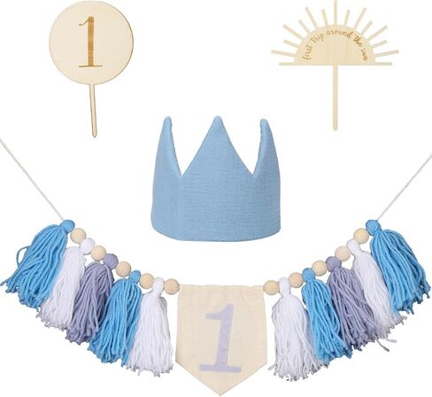Baby Birthday Hat Banner Set, First Birthday Decorations with Crown Hat & Cake Decoration 1 Birthday High Chair Banner Baby 1st Birthday Party Decorations for Boys Girls (Blue) in Kuwait