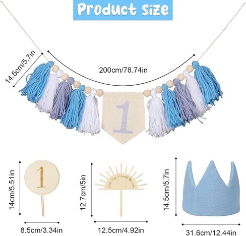 Baby Birthday Hat Banner Set, First Birthday Decorations with Crown Hat & Cake Decoration 1 Birthday High Chair Banner Baby 1st Birthday Party Decorations for Boys Girls (Blue) in Kuwait