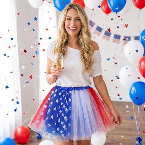 Pistha Womens Red White Blue Tutu Skirt 4 Layered 4th of July Tulle Skirt with Lined for Adult and Teens in Kuwait