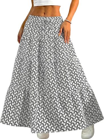 DERAX Women's Summer Boho Floral Maxi Skirt Flowy Flared Ruffle Elastic Waist A Line 2026 Spring Beach Long Skirts in Saudi Arabia
