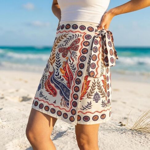 Womens Wrap Skirt Summer Mini Skirts Mermaid Floral Printed Tie Side High Waist A Line Beach Short Skirt in Kuwait