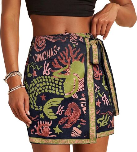 Womens Wrap Skirt Summer Mini Skirts Mermaid Floral Printed Tie Side High Waist A Line Beach Short Skirt in Saudi Arabia