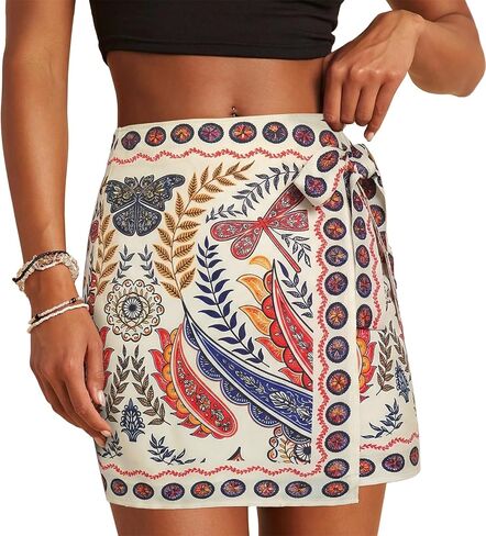 Womens Wrap Skirt Summer Mini Skirts Mermaid Floral Printed Tie Side High Waist A Line Beach Short Skirt in Kuwait