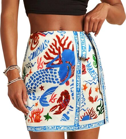 Womens Wrap Skirt Summer Mini Skirts Mermaid Floral Printed Tie Side High Waist A Line Beach Short Skirt in Kuwait