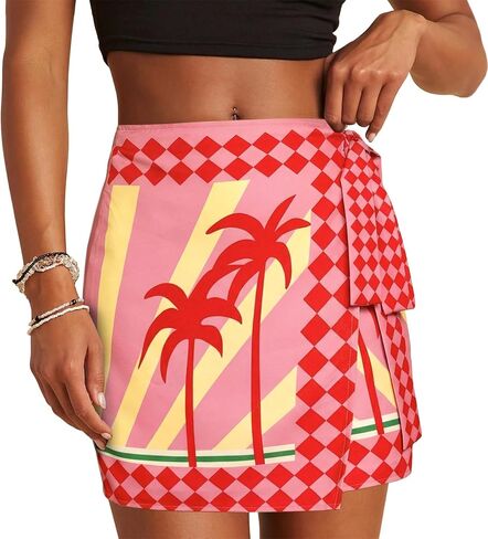 Womens Wrap Skirt Summer Mini Skirts Mermaid Floral Printed Tie Side High Waist A Line Beach Short Skirt in Kuwait