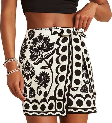 Womens Wrap Skirt Summer Mini Skirts Mermaid Floral Printed Tie Side High Waist A Line Beach Short Skirt in Kuwait