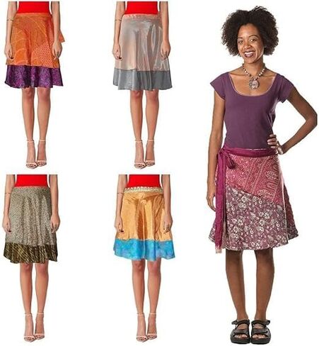 Reversible Wrap Skirt, Silk Sari, 22 Inch Length, 3 Pack Multicolor in Saudi Arabia