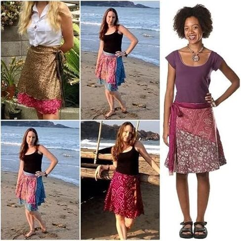 Reversible Wrap Skirt, Silk Sari, 22 Inch Length, 3 Pack Multicolor in Saudi Arabia