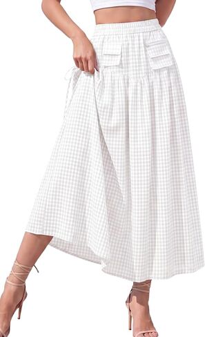 DERAX Womens Plaid Gingham Maxi Skirt Summer Elastic High Waist Long Skirts | Checkered Flowy A-Line Drawstring Cute Skirt with Pockets 2026 Spring Fall Dressy Casual Vacation Vintage Retro Travel Beach in Saudi Arabia