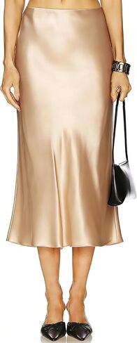 2026 Women's Satin Midi Skirt High Waisted Hidden Elasticized Waistband Flowy A-Line Silk Long Skirts for Women. in Saudi Arabia