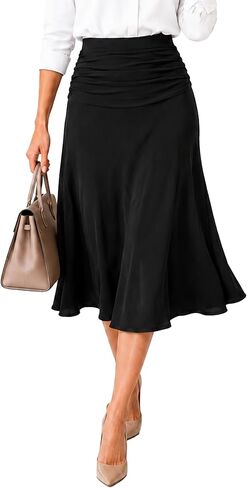 Avanova Women Ruched High Waist Midi Skirt Flowy A Line Below Knee Dressy Casual Skirts in Kuwait