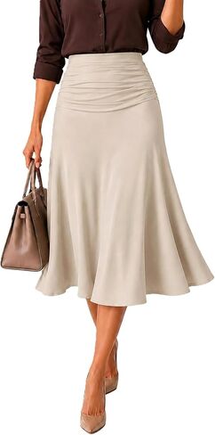 Avanova Women Ruched High Waist Midi Skirt Flowy A Line Below Knee Dressy Casual Skirts in Kuwait