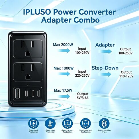 2000W Voltage Converter US to Europe for Hair Dryer, Converter for European Travel, 220V to 110V Power Converter Adapter Combo International Universal Travel Adapter with Type C G A I (Black) in Saudi Arabia