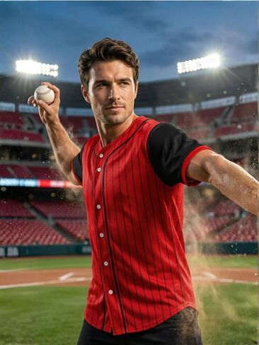 Red Pinstripe Baseball Shirt Black Sleeve - Men's Active Sports Uniform - Breathable Mesh Button Down for Team in Kuwait