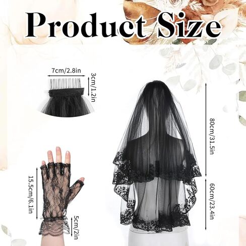 2Tiers Black Lace Wedding Veil, Short Veils with Comb, Ankle Lace Gloves for Women Brides in Saudi Arabia