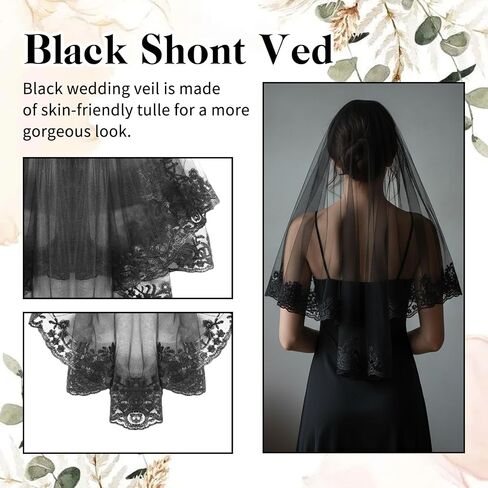 2Tiers Black Lace Wedding Veil, Short Veils with Comb, Ankle Lace Gloves for Women Brides in Saudi Arabia